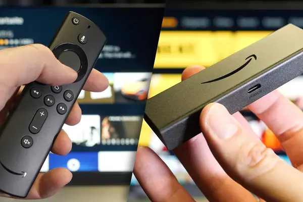 Mains tenant une Fire TV Stick et sa télécommande pour un client revendeur IPTV