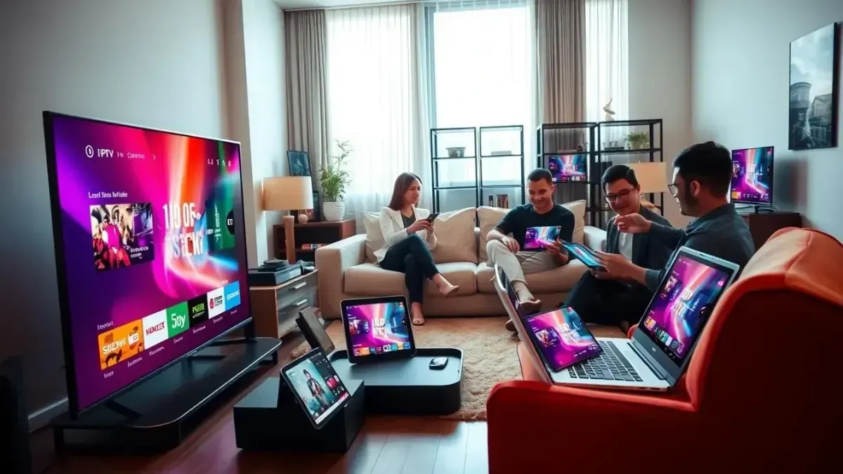 Amis sur un canapé rouge utilisant télé, tablettes et téléphones avec une IPTV à Lyon