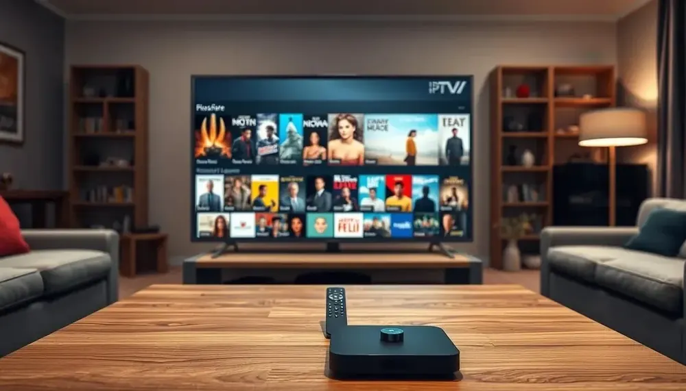 Télé affichant une grille d’affiches de films et séries avec l’abonnement IPTV à Nantes