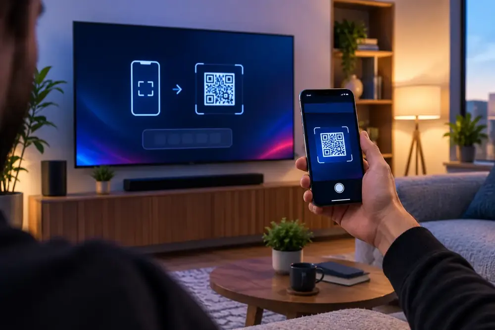 Téléphone scannant un QR code affiché à la TV pour activer un code IPTV
