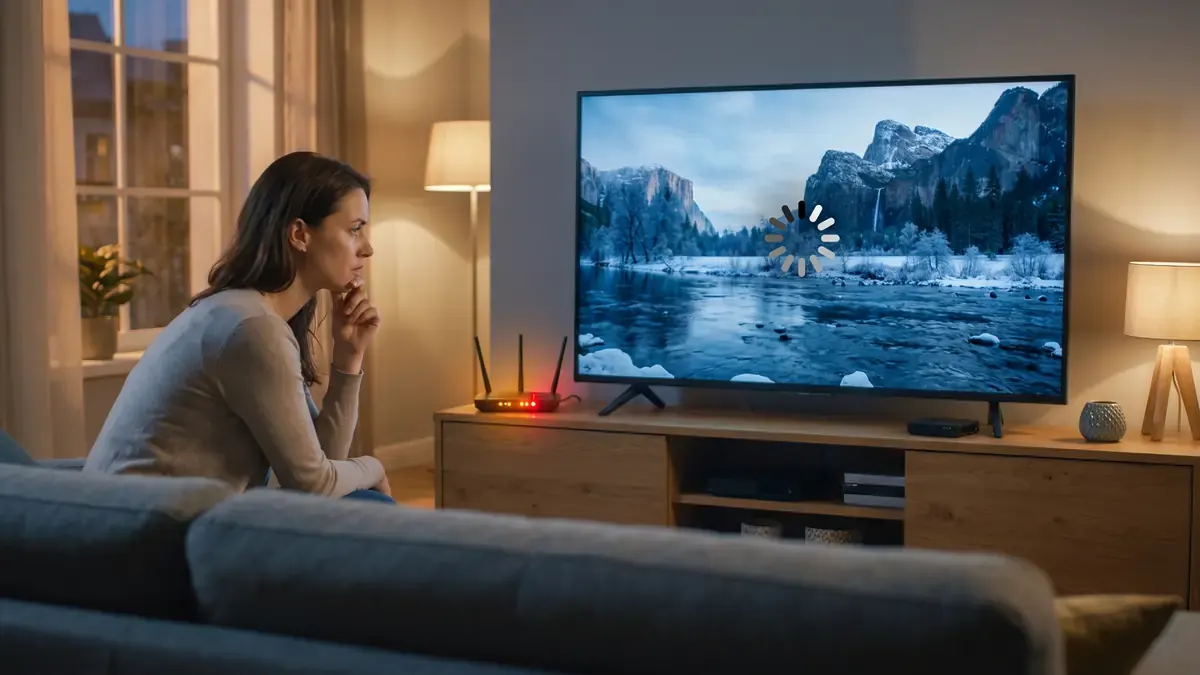 Femme agacée devant un téléviseur en chargement, problème IPTV et coupure du soir