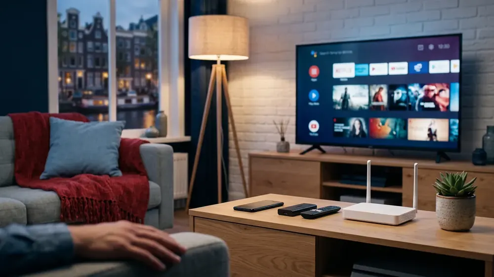 Télé, routeur et clés de streaming préparés pour un abonnement IPTV à Paris