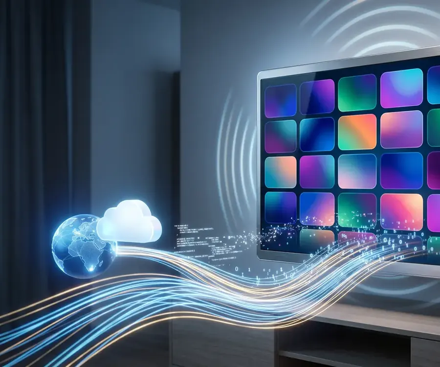 Illustration de l’IPTV : téléviseur relié au nuage et à internet
