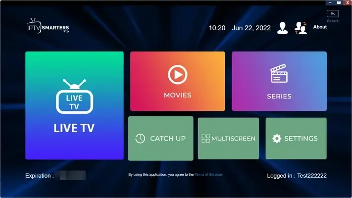 Écran d’accueil d’IPTV Smarters Pro avec direct, films et séries IPTV